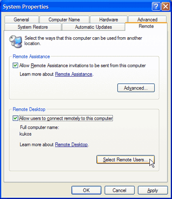 Windows XPによるリモート(ホスト)コンピュータの設定