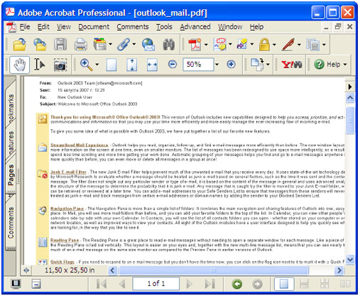 Adobe Acrobatで開かれた変換電子メール。
