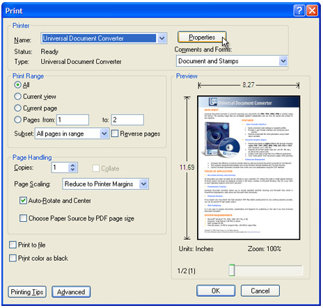 プリンタリストからUniversal Document Converterを選択して、「プロパティ」ボタンをクリックします。